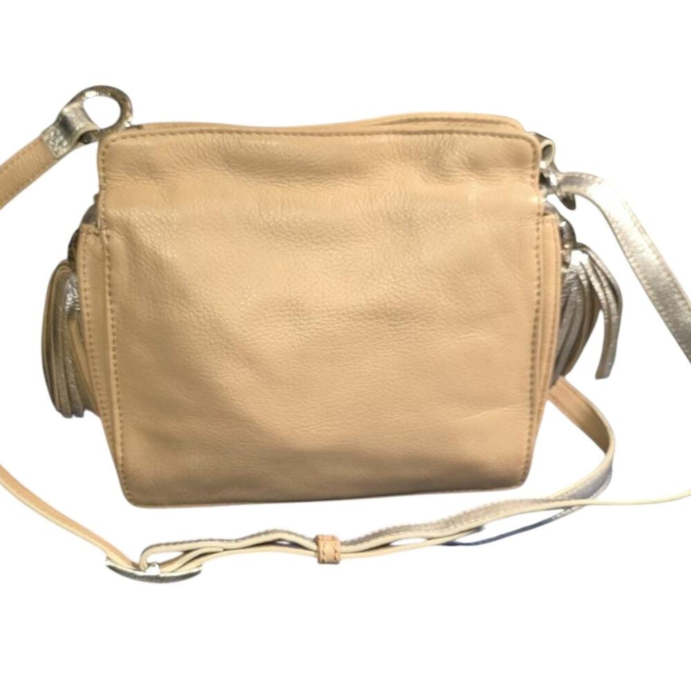 Vintage Brighton Leather Crossbody Bag Beige Silver Tassel Purse